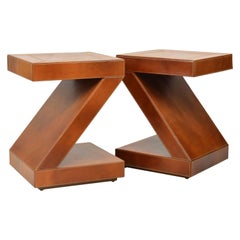 Pair of Vintage Sharp Modern Design Leather Clad Z-Themed Side or End Tables