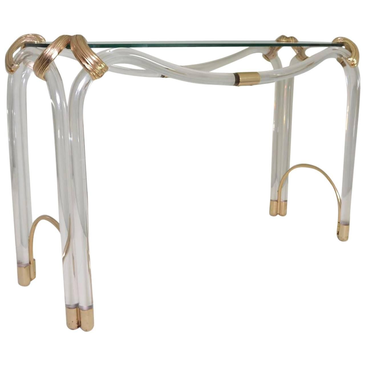 1970s Perspex and Glass Console with Brass Mounts For Sale