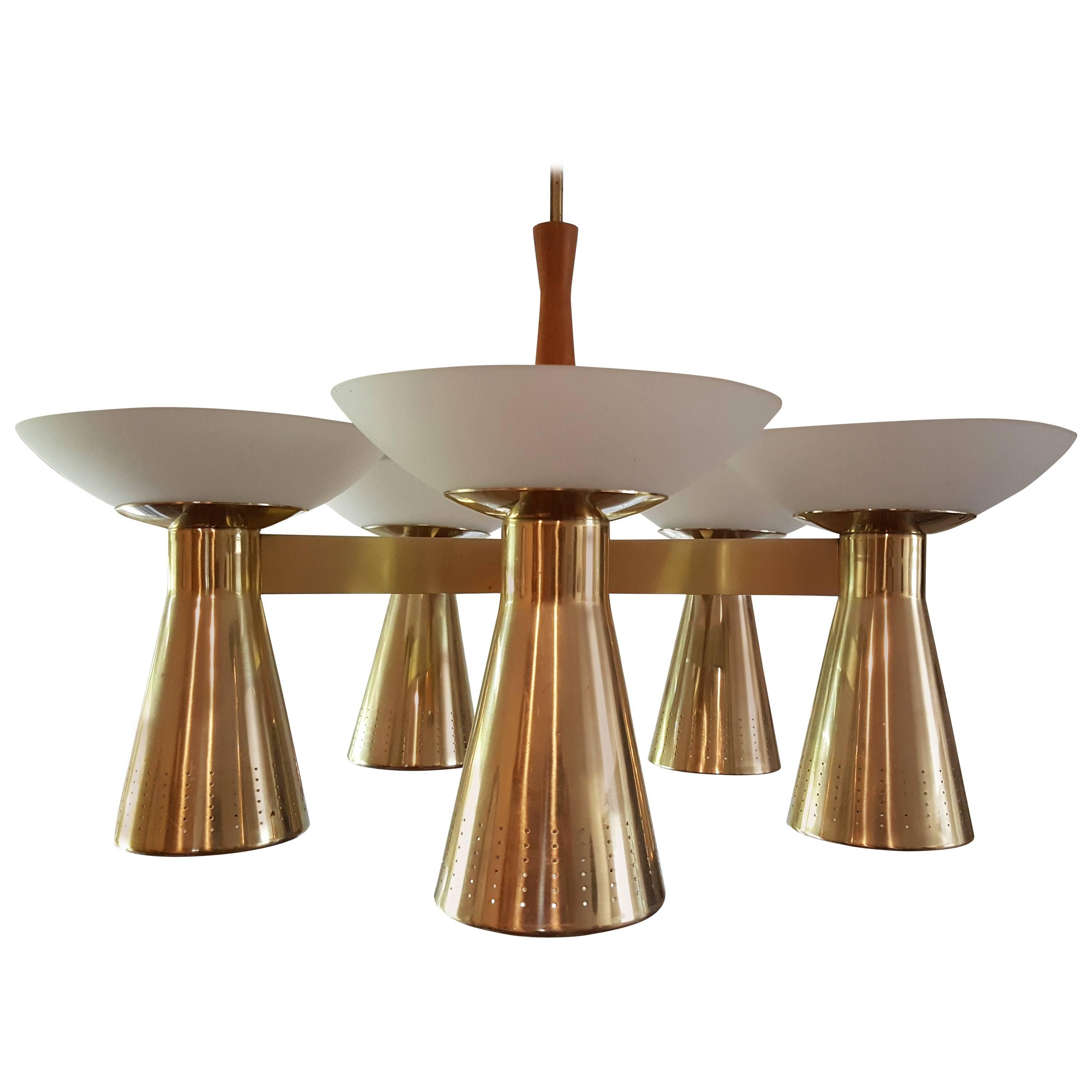 Mid-Century Modern Conical Brass and Glass Chandelier For Sale