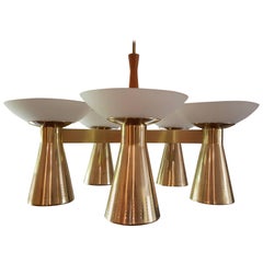 Vintage Mid-Century Modern Conical Brass and Glass Chandelier