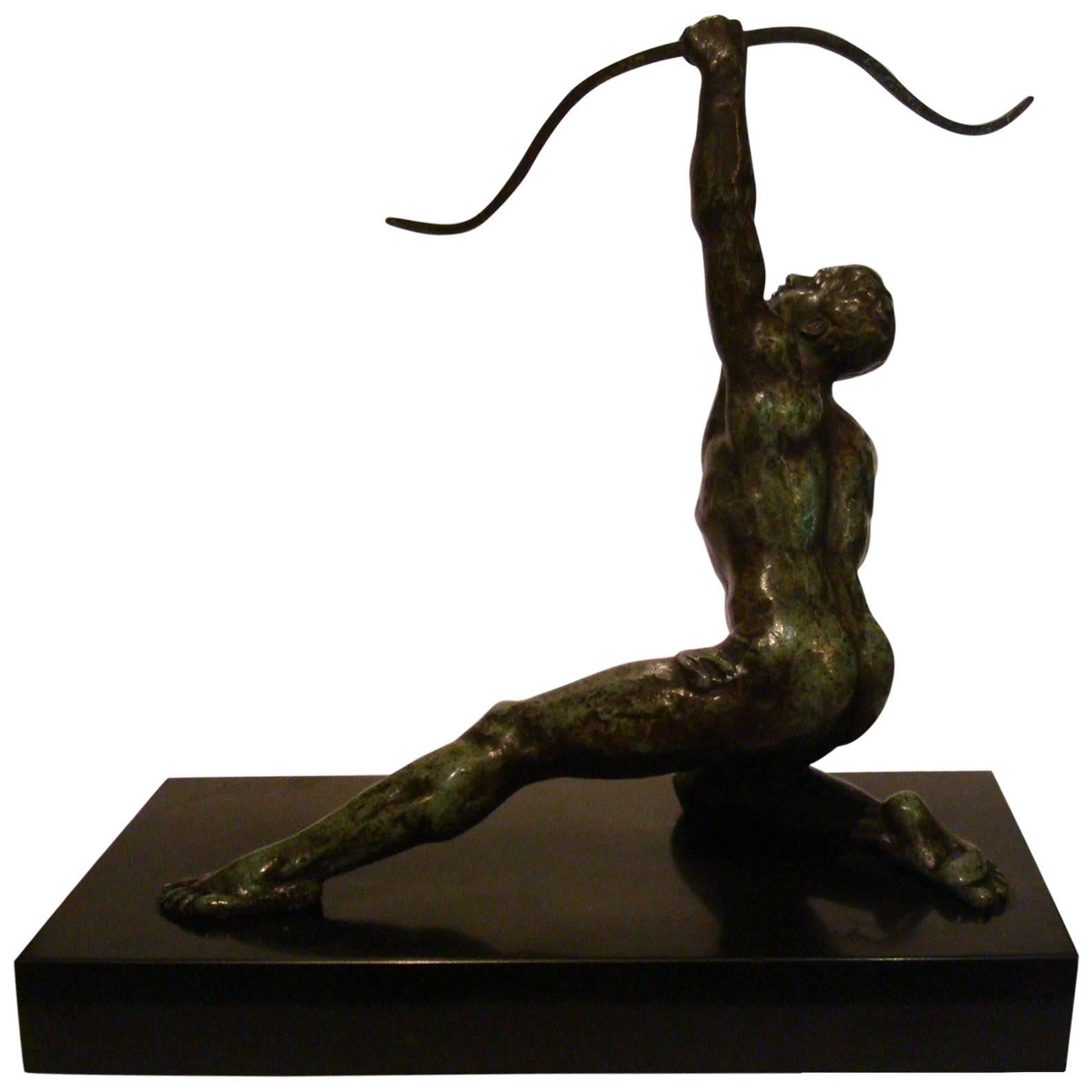 Art Deco Male Nude Archer Bronze Sculpture by Alexandre Ouline, France, 1925