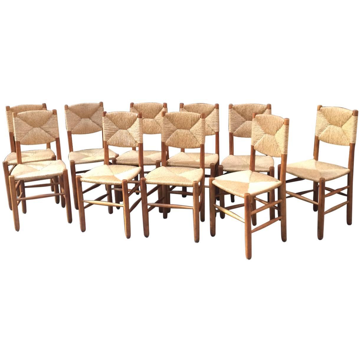 Charlotte Perriand Rare Set of Ten Rush Bauche Chairs For Sale