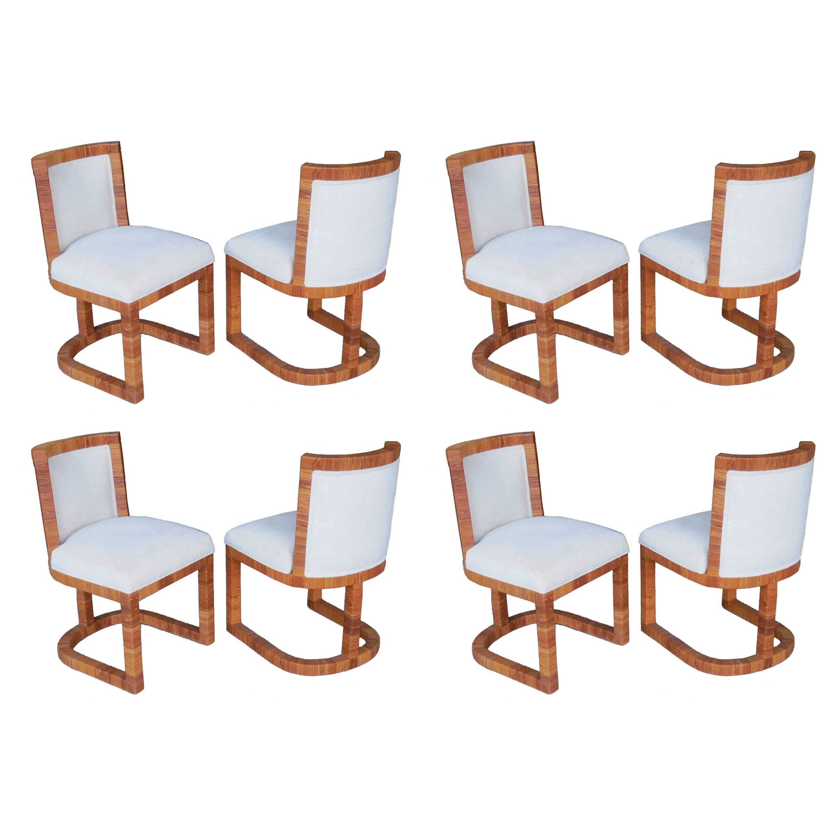 Eight Modern Italian Rattan Cane Dining Chairs, 1970s