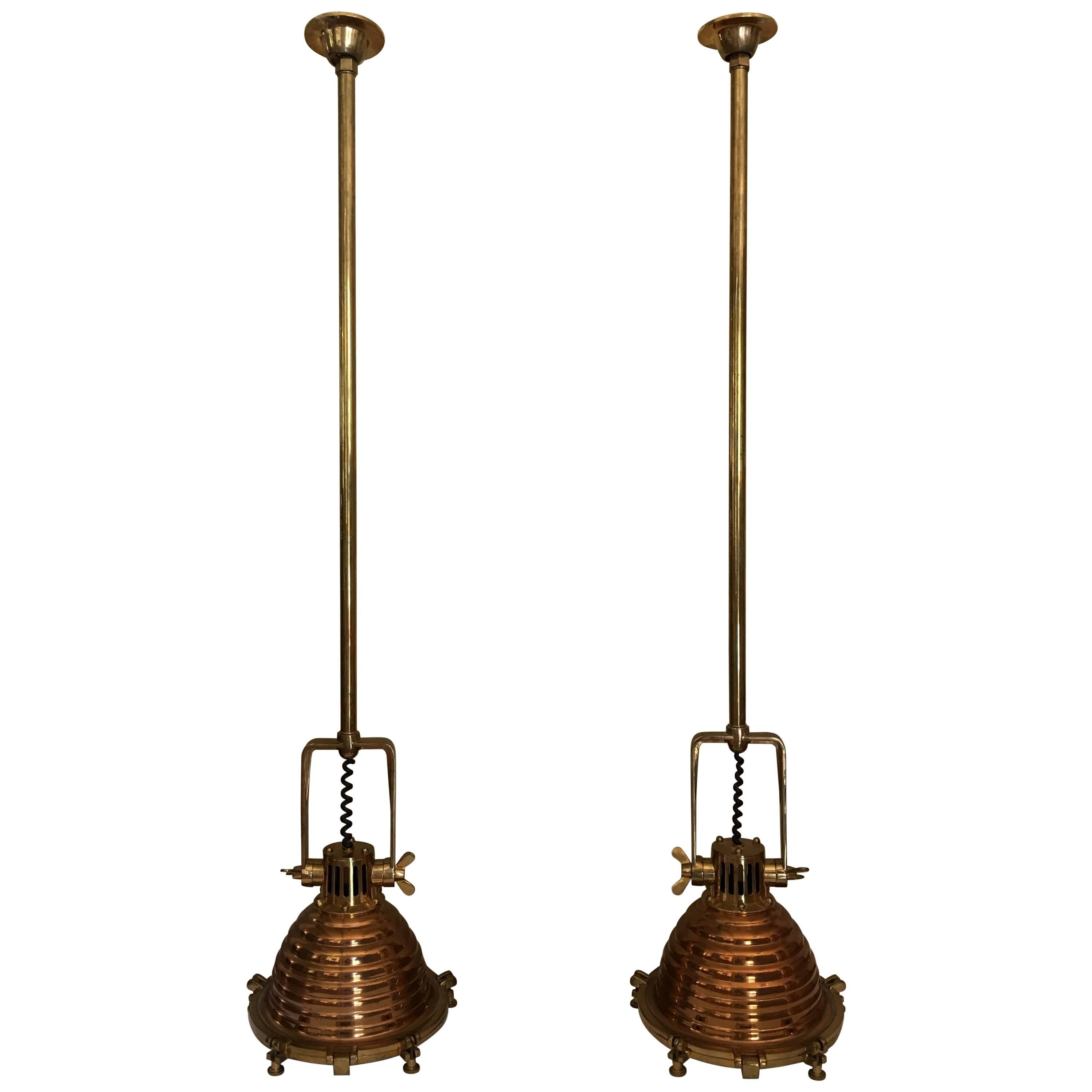 Brass and Copper Nautical Pendant Lights, Pair