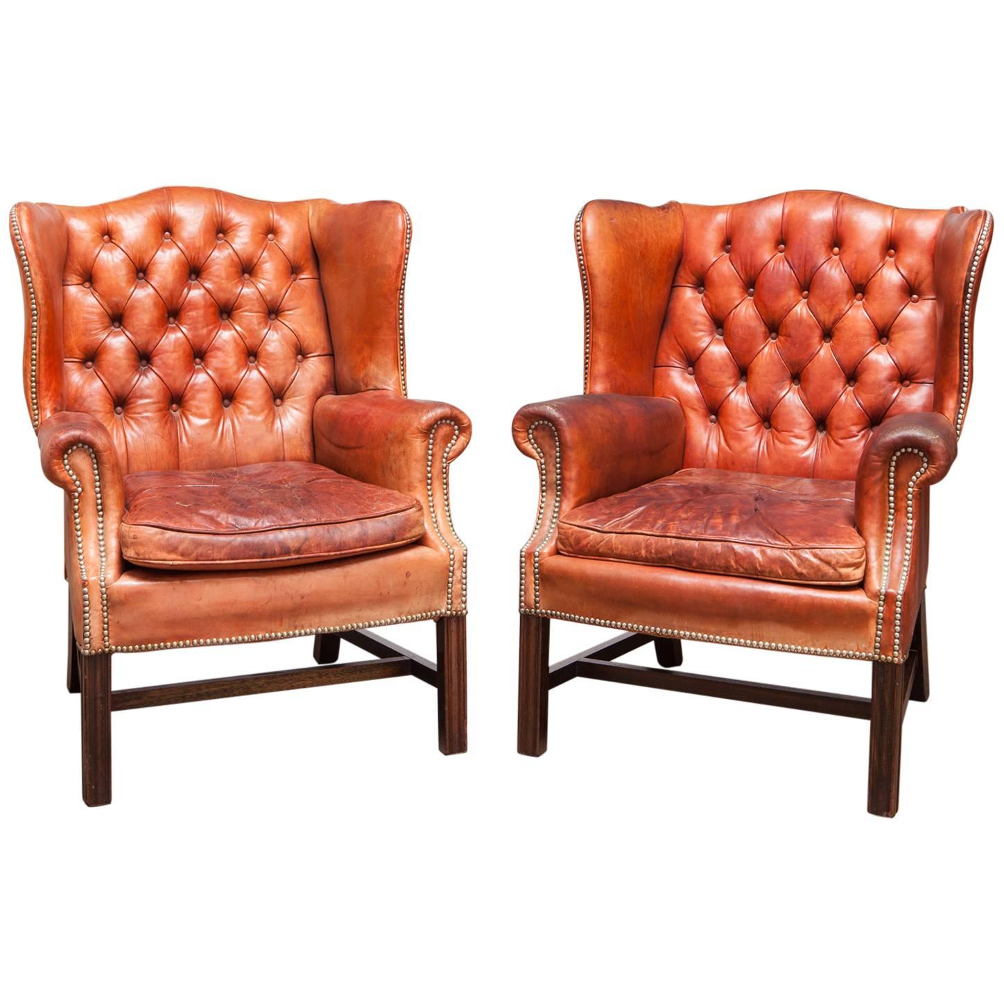 Pair of Fine English Cigar Leather Tufted Wing Chairs at 1stDibs