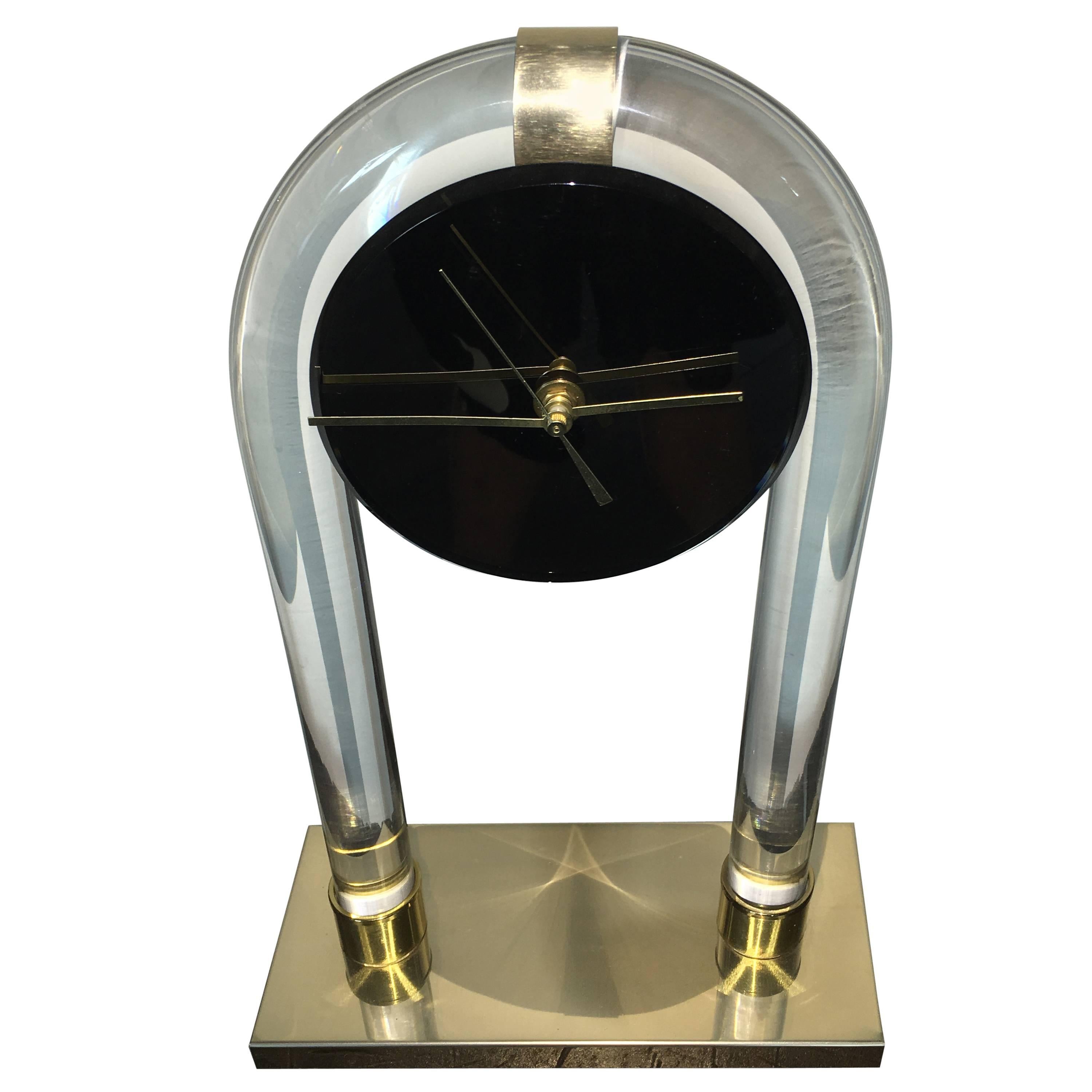 Lucite and Brass Sculptural Modern Table Clock