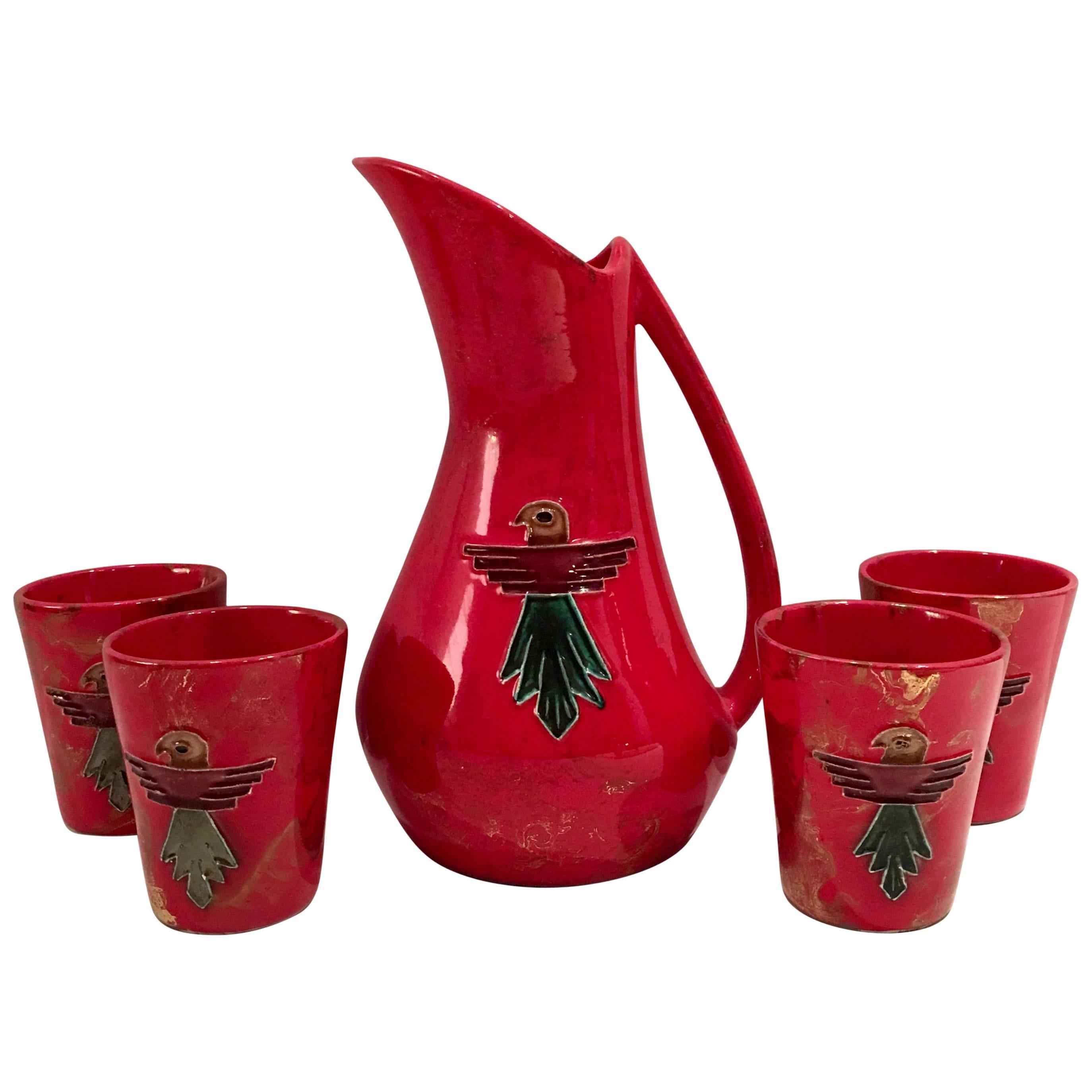 20th Century Ceramic Glaze Thunderbird Drinks Set Of 5 By, Arizona Pottery-USA