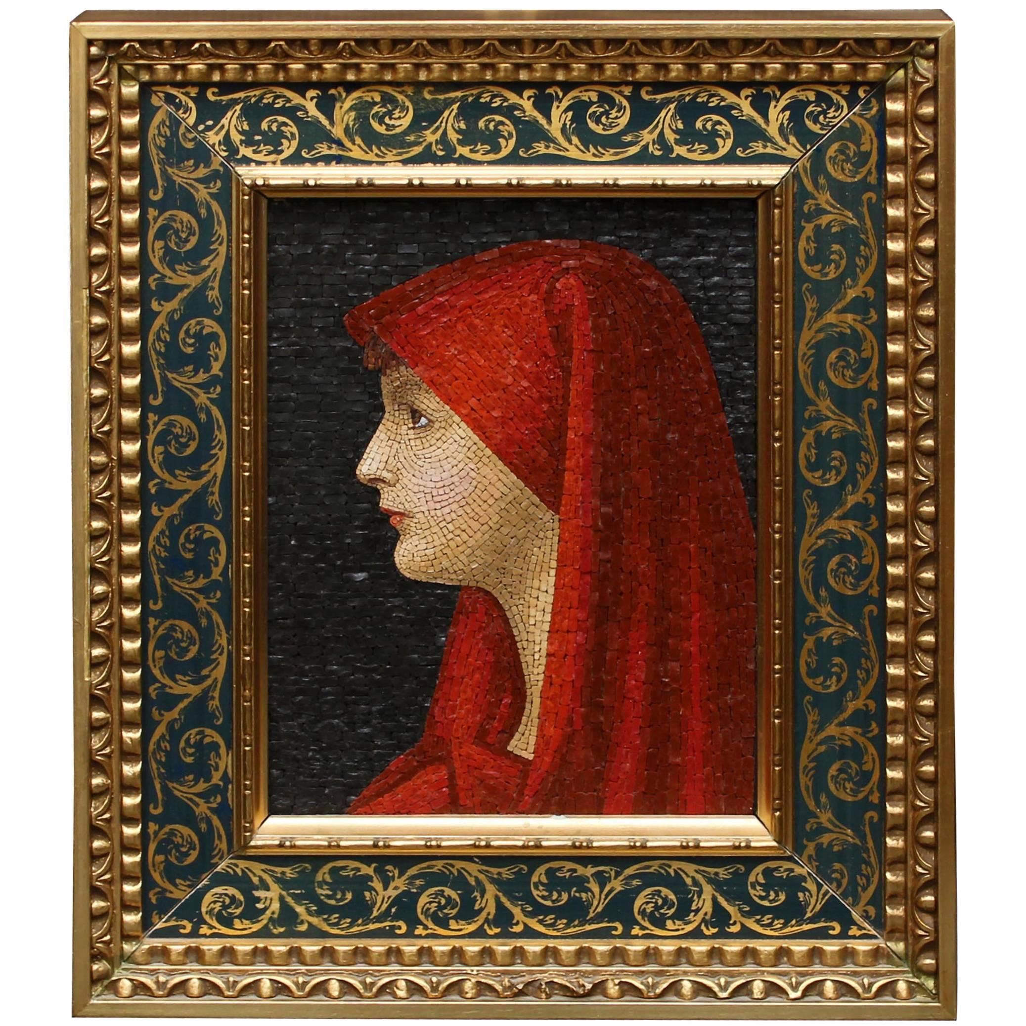 Large Italian Micromosaic Plaque "Woman in Red Veil" Vatican Workshop