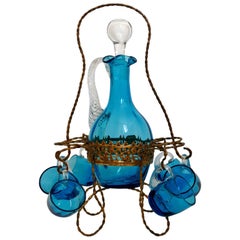 Antique French Blue Glass Liquor or Aperitif Cabaret Set with Ormolu Stand