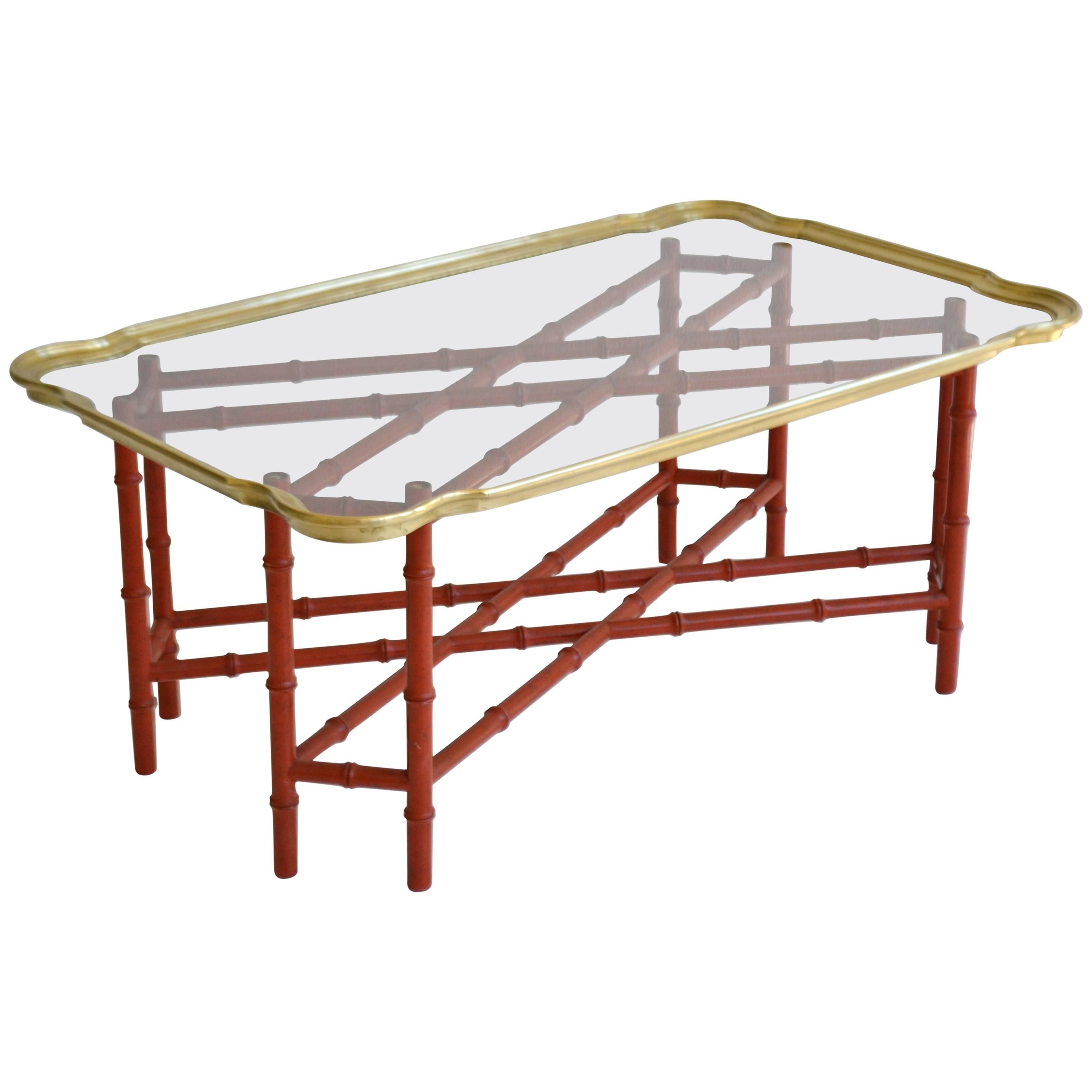 Hollywood Regency Faux Bamboo Tray Top Cocktail Table For Sale