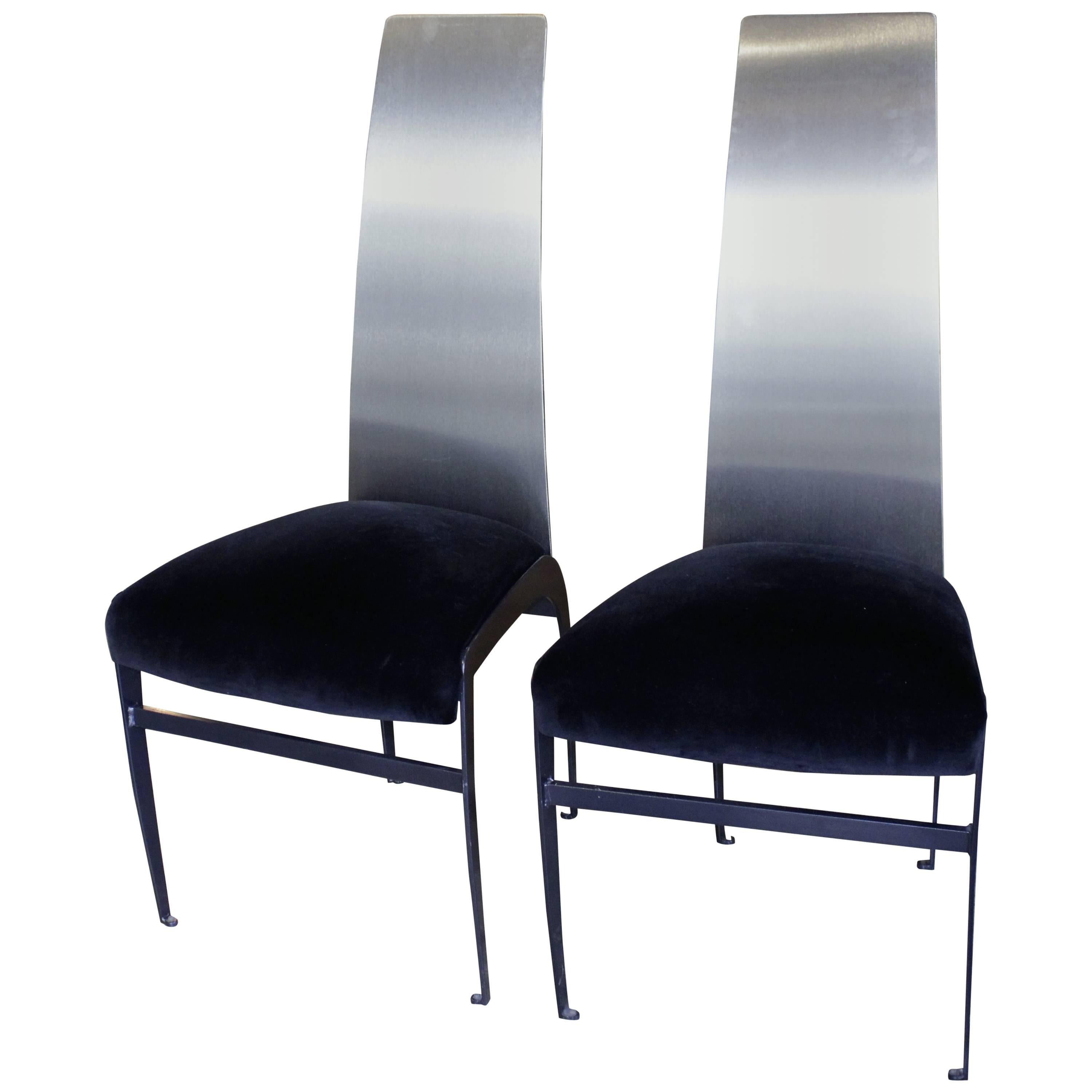 Mid-Century "Skinny" Stainless Steel, Metal and Velveteen Chairs For Sale