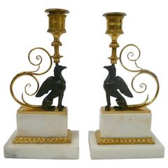 Pair of George III Bronze and Marble Griffin Candlesticks