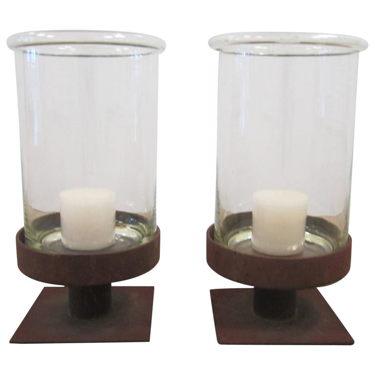 Pair of Modern European Glass and Iron Hurricane Candle Lamps at 1stDibs