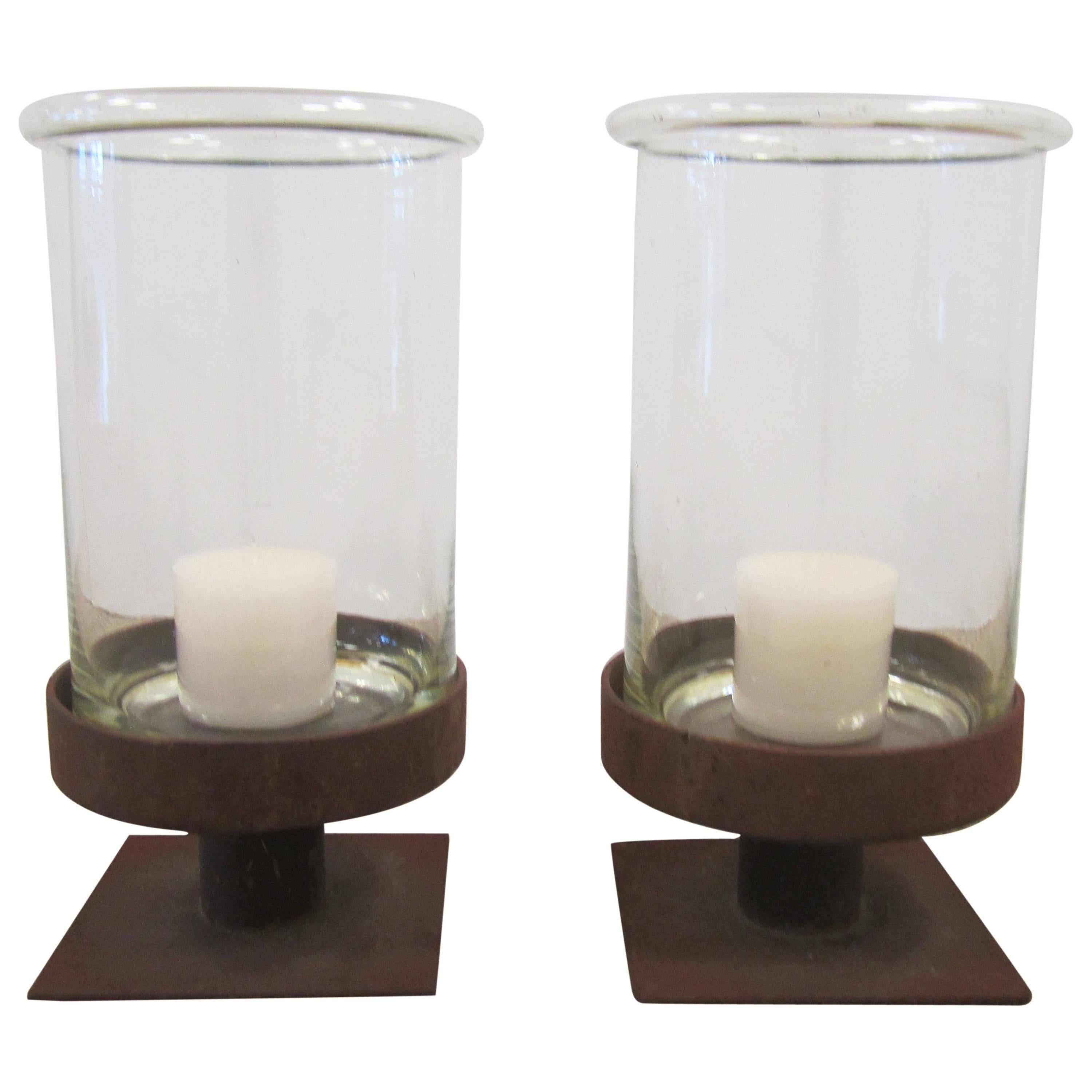 Pair of Modern European Glass and Iron Hurricane Candle Lamps