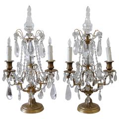 Pair of French Brass and Crystal Three-Light Girandole Chandelier Lamps