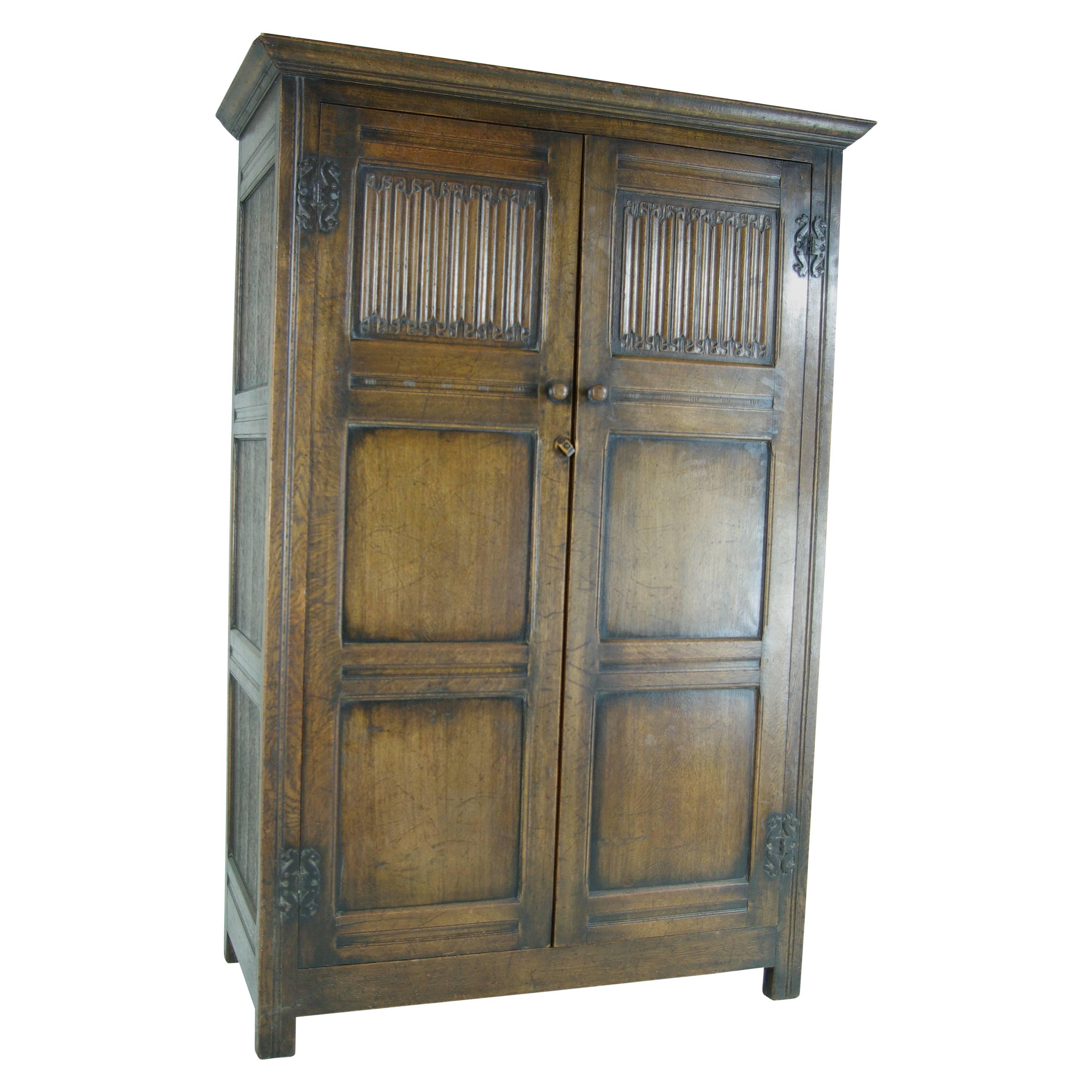 B390 Antique Scottish Two-Door Linen Fold Oak Panelled Armoire, Wardrobe, Closet