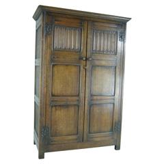 B390 Antique Scottish Two-Door Linen Fold Oak Panelled Armoire, Wardrobe, Closet