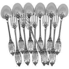Rare French Sterling Silver Dessert Flatware Set Mascaron Puiforcat Model