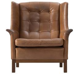 Arne Norell High Back Chair in Patinated Cognac Buffalo Leather