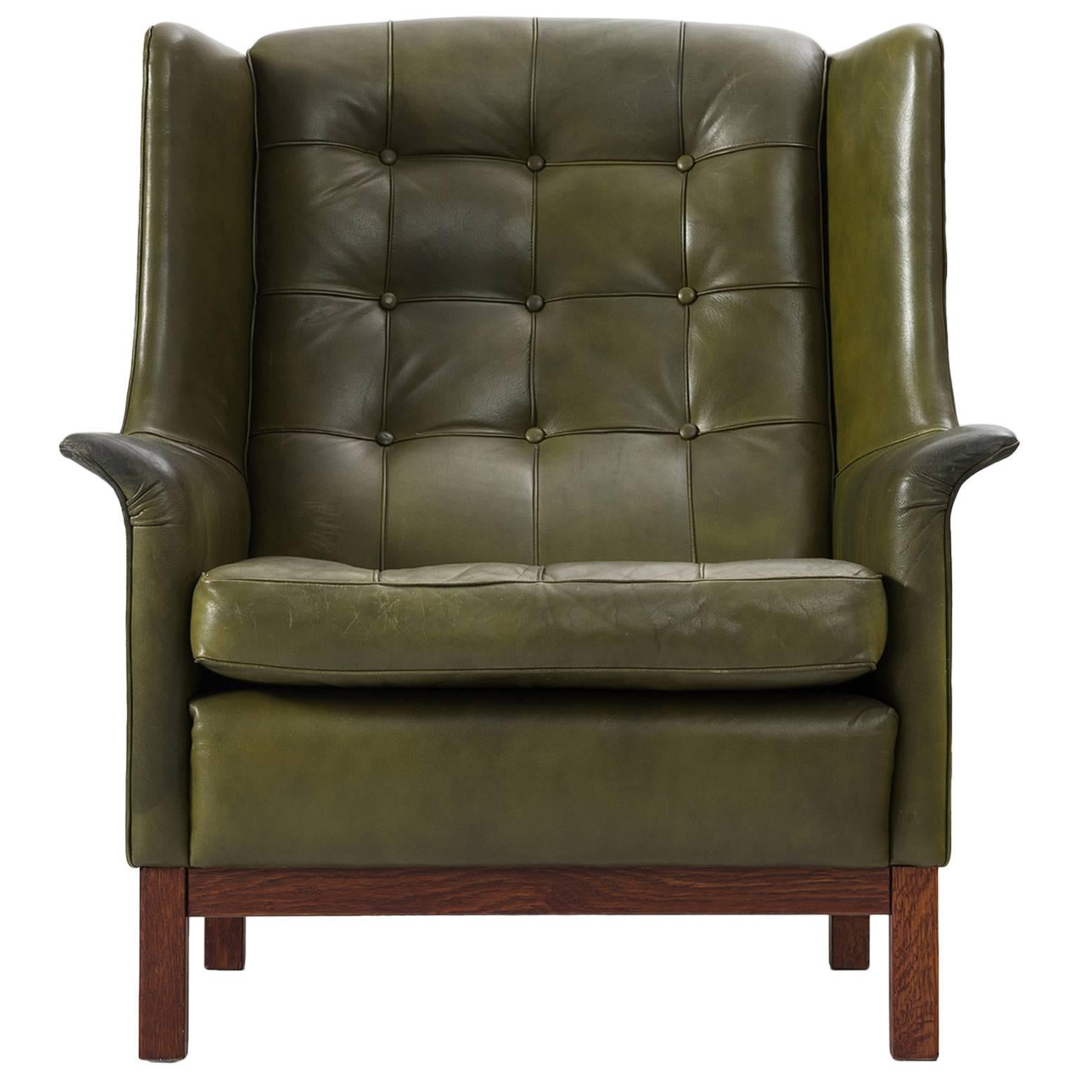 Arne Norell High Back Chair in Patinated Green Buffalo Leather