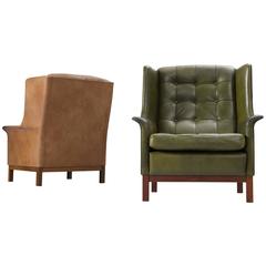 Arne Norell Pair of High Back Chairs in Patinated Green and Cognac Leather 7