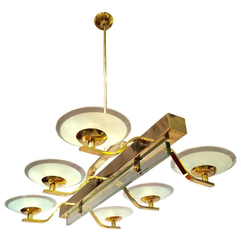 Rectangular Brass and Glass Chandelier at 1stDibs