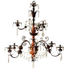 18th Century Baroque Iron, Crystal and Painted Wood Chandelier