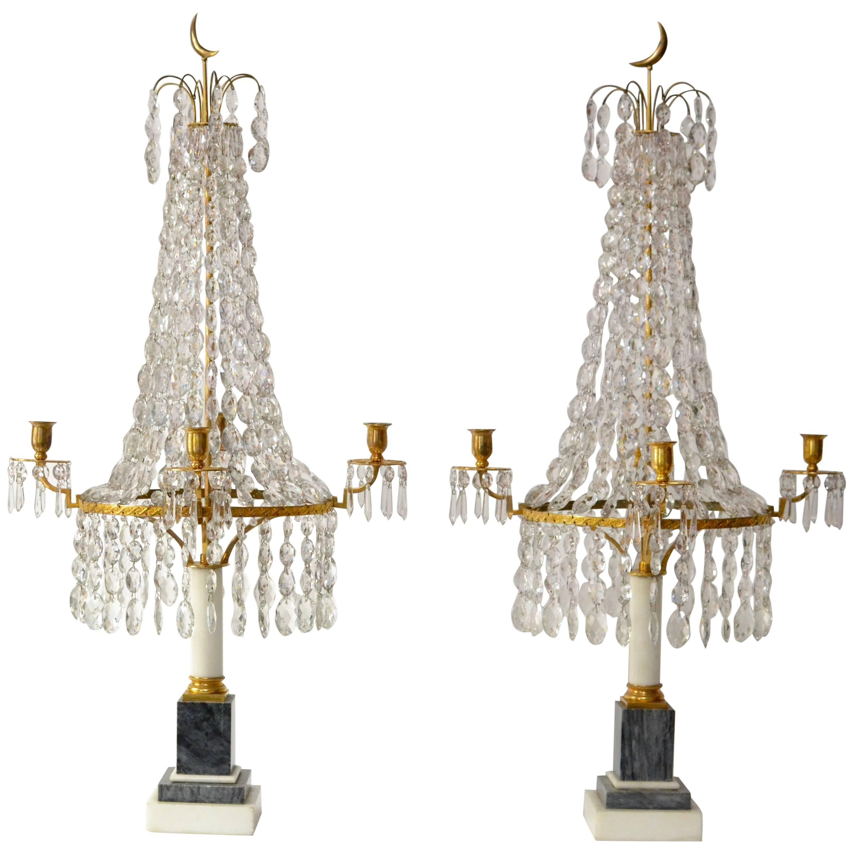 Pair of Louis XVI Crystal and Gilt Bronze Candelabra with a Marble Base