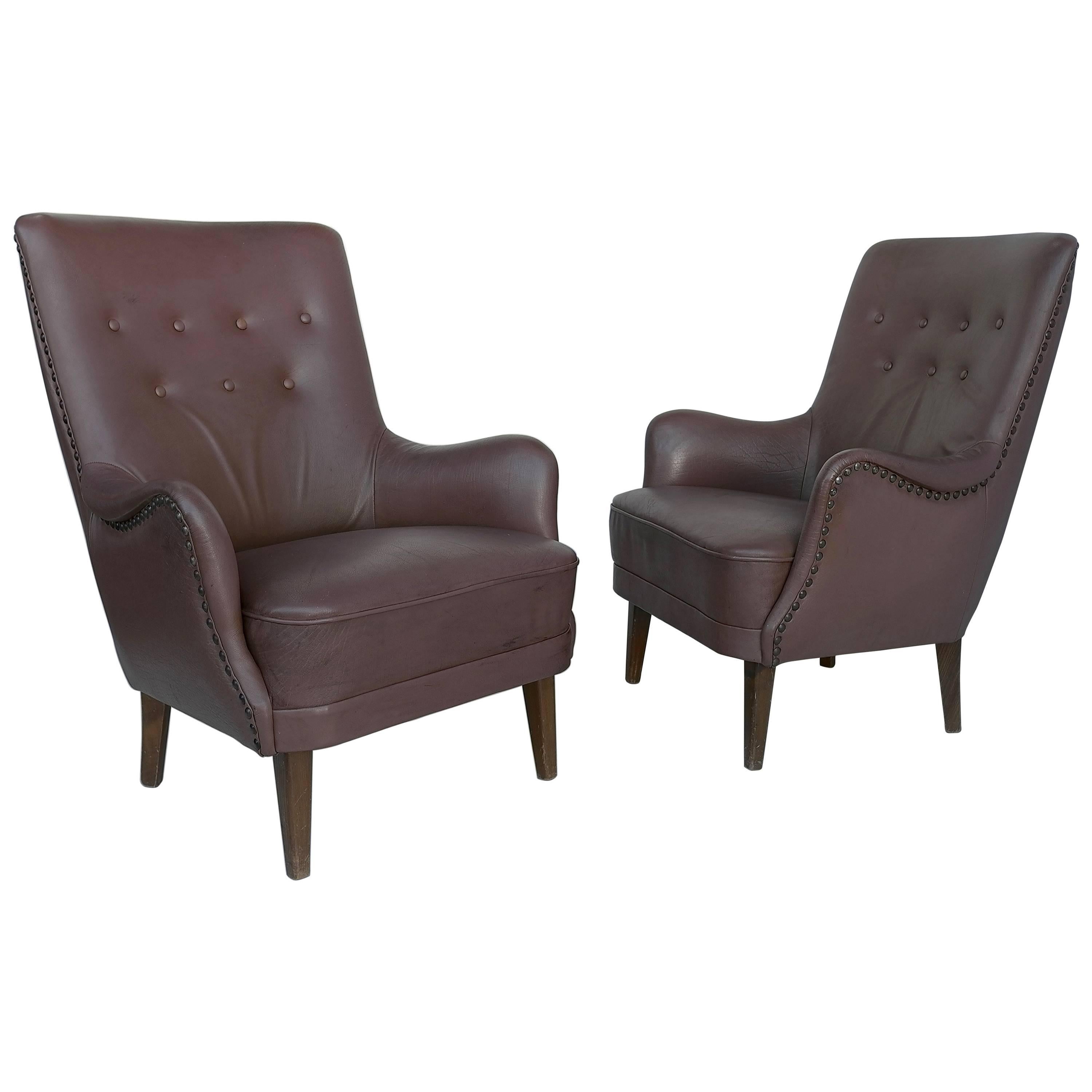 Pair of Danish High Back Armchairs in Brown Leather in style of Arne Vodder