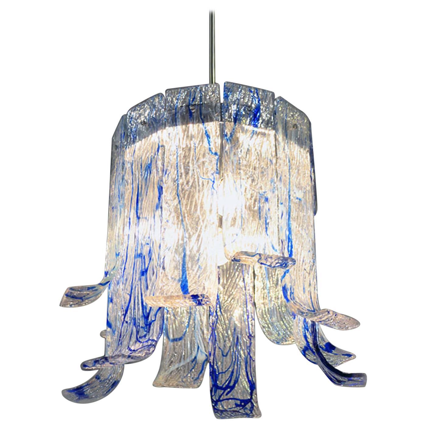 Mazzega Murano 1970s Chandelier in Transparent Glass with Blue Filaments For Sale