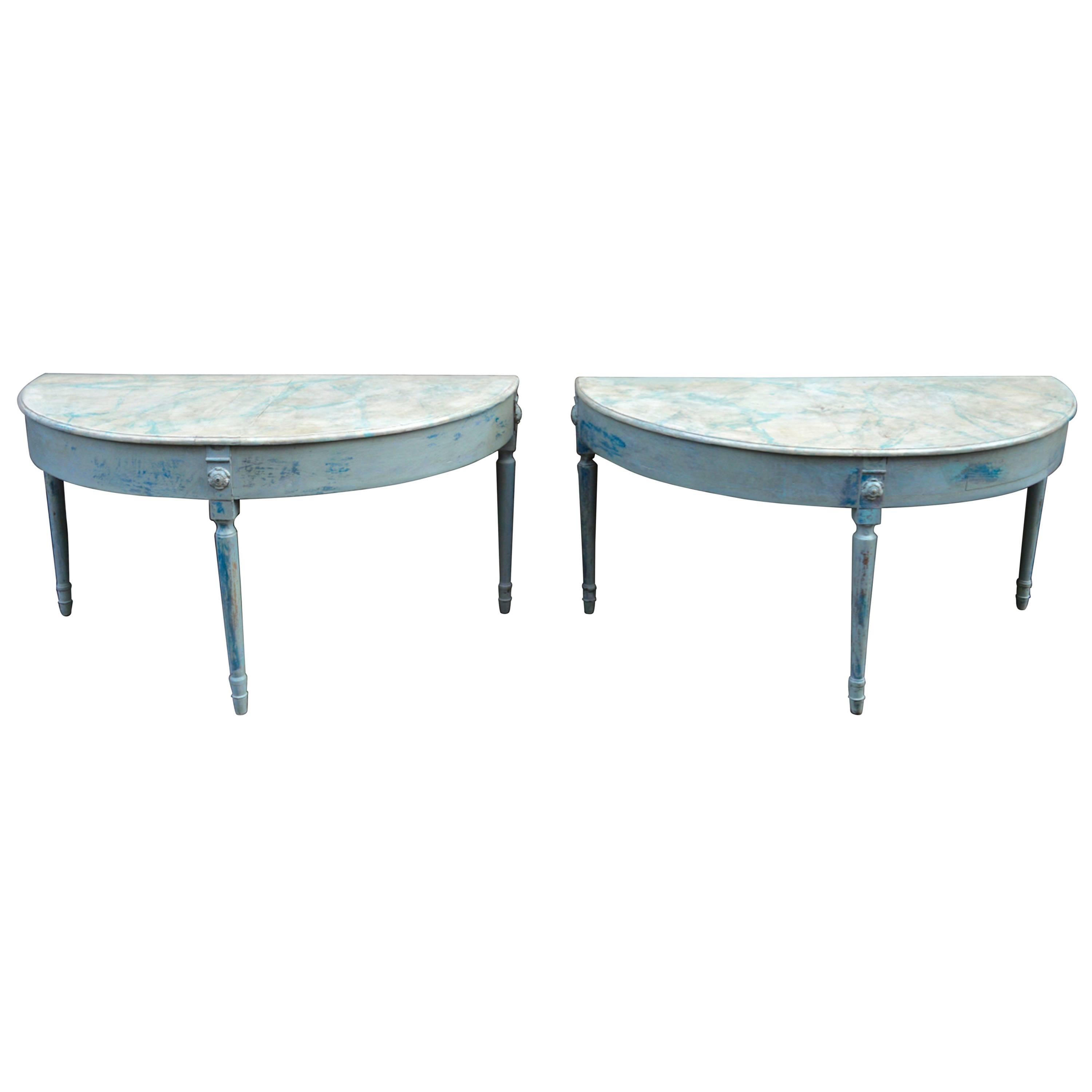 Large Pair of Painted 19th Century Swedish Demilune Tables For Sale