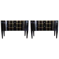 Gorgeous Pair of Black Mirror and Brass Commodes, Late 20th Century