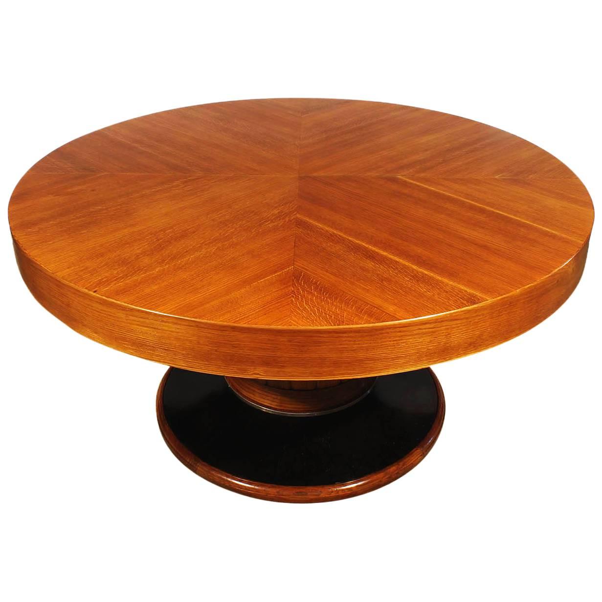 Grande table ronde Art déco des années 1930, chêne et placage, anneau en laiton - Barcelone, Espagne en vente