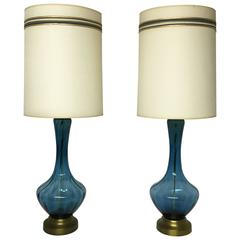 Lampes de table en verre bleu moderne du milieu du siècle dernier