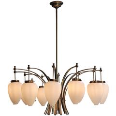 Large Italian Brass and Glass Chandelier attributed to Stilnovo, circa 1955