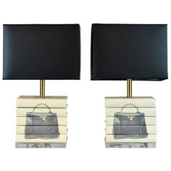 Pair of Vintage Custom Designed Book Lamps with Fashion Decor on Lucite Bases 5