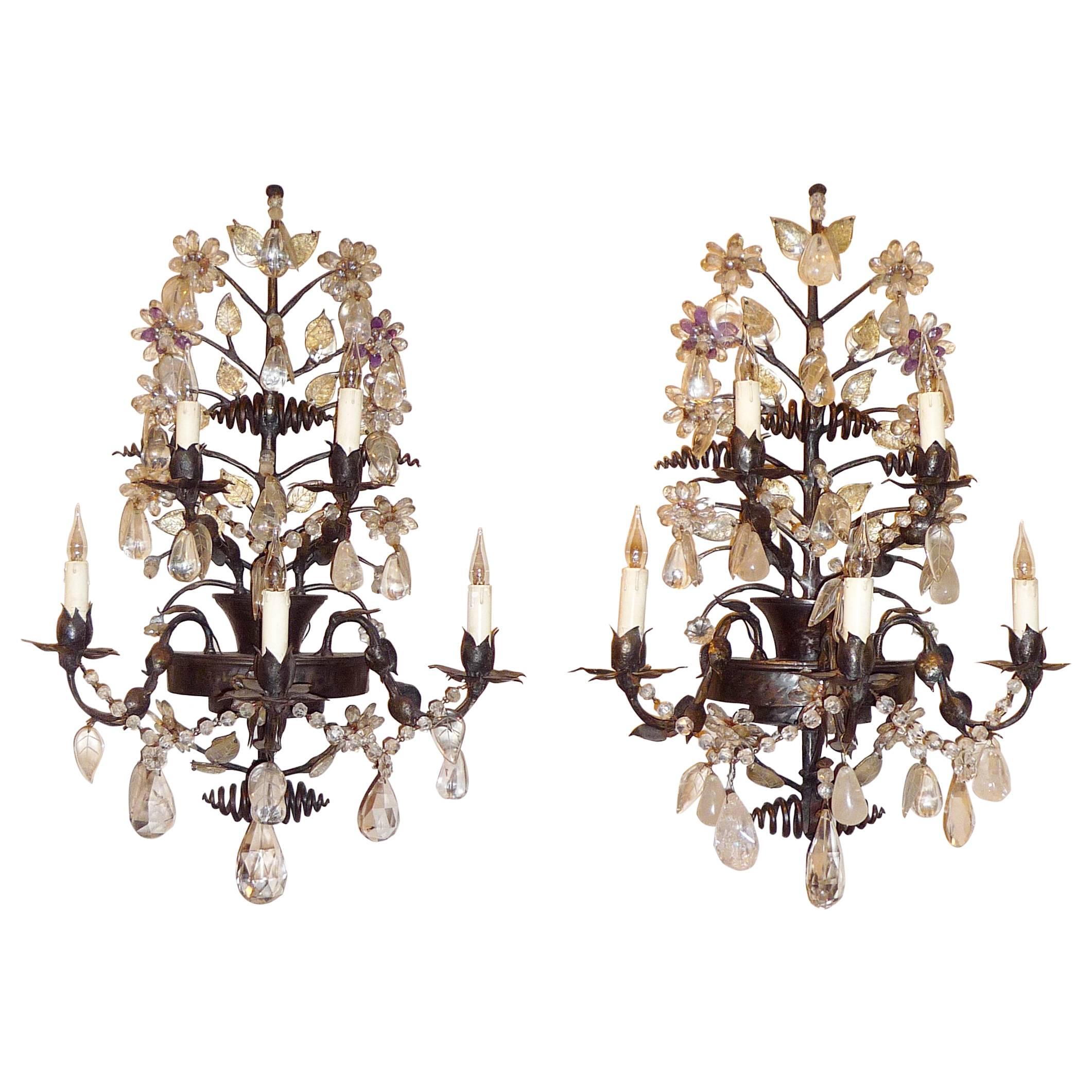 Pair of Large French Iron and Rock Crystal Sconces, Baguès, circa 1950 For Sale