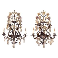 Pair of Large French Iron and Rock Crystal Sconces, Baguès, circa 1950