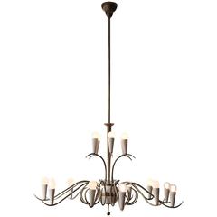 Large Italian Mid-Century Chandelier in Brass and Cream Lacquer