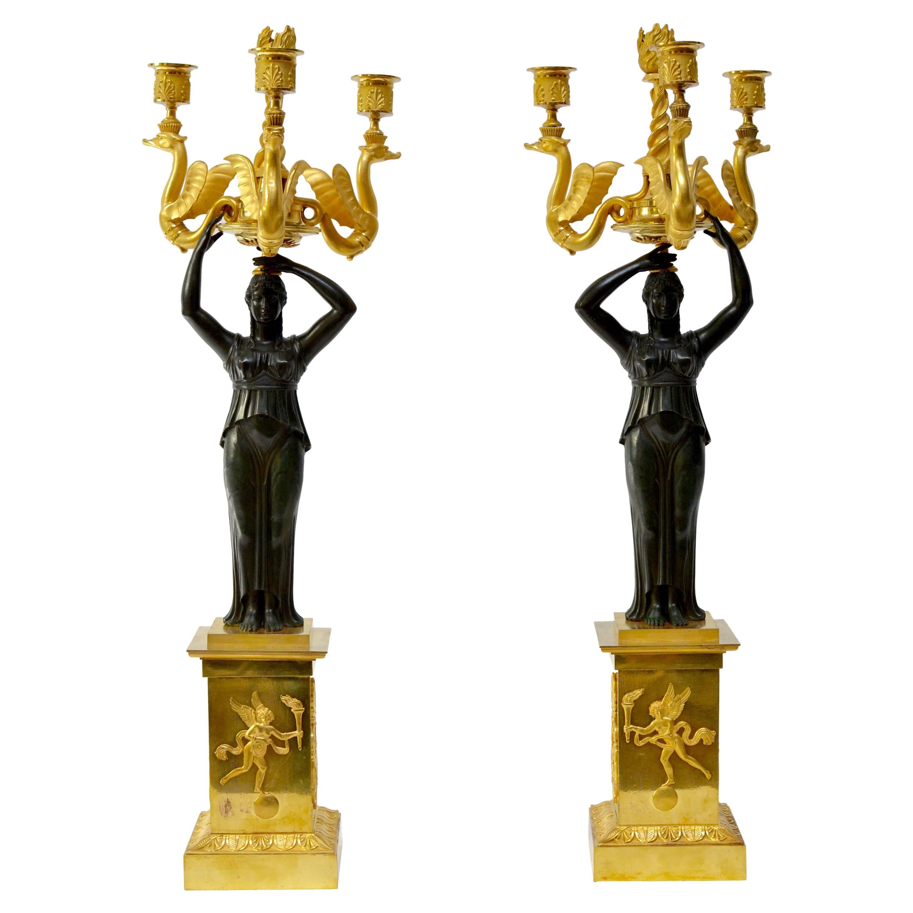 Pair of Russian Empire Gilt Bronze and Patinated Candelabra 