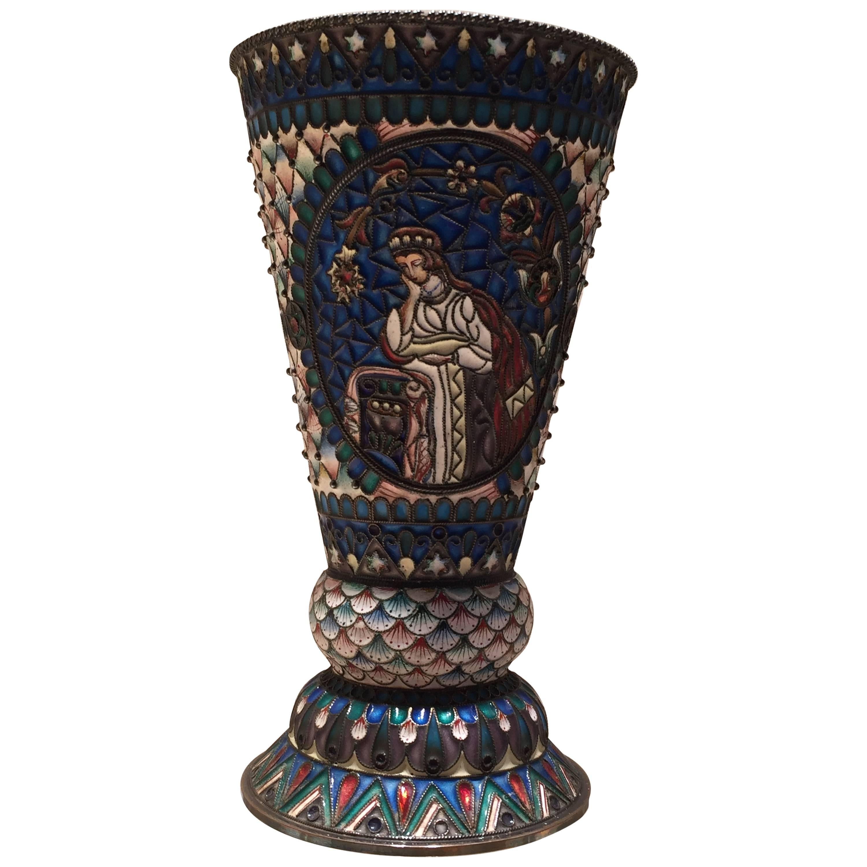 Beautiful Early 20th Century Russian Silver and Enamel Beaker For Sale
