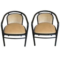 Chic Pair of Black Faux Bamboo Chairs with Camel Velvet Upholstery