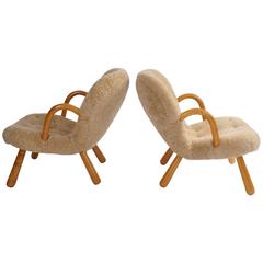 Philip Arctander Pair of 'Clam' Easy Chairs in Sheepskin