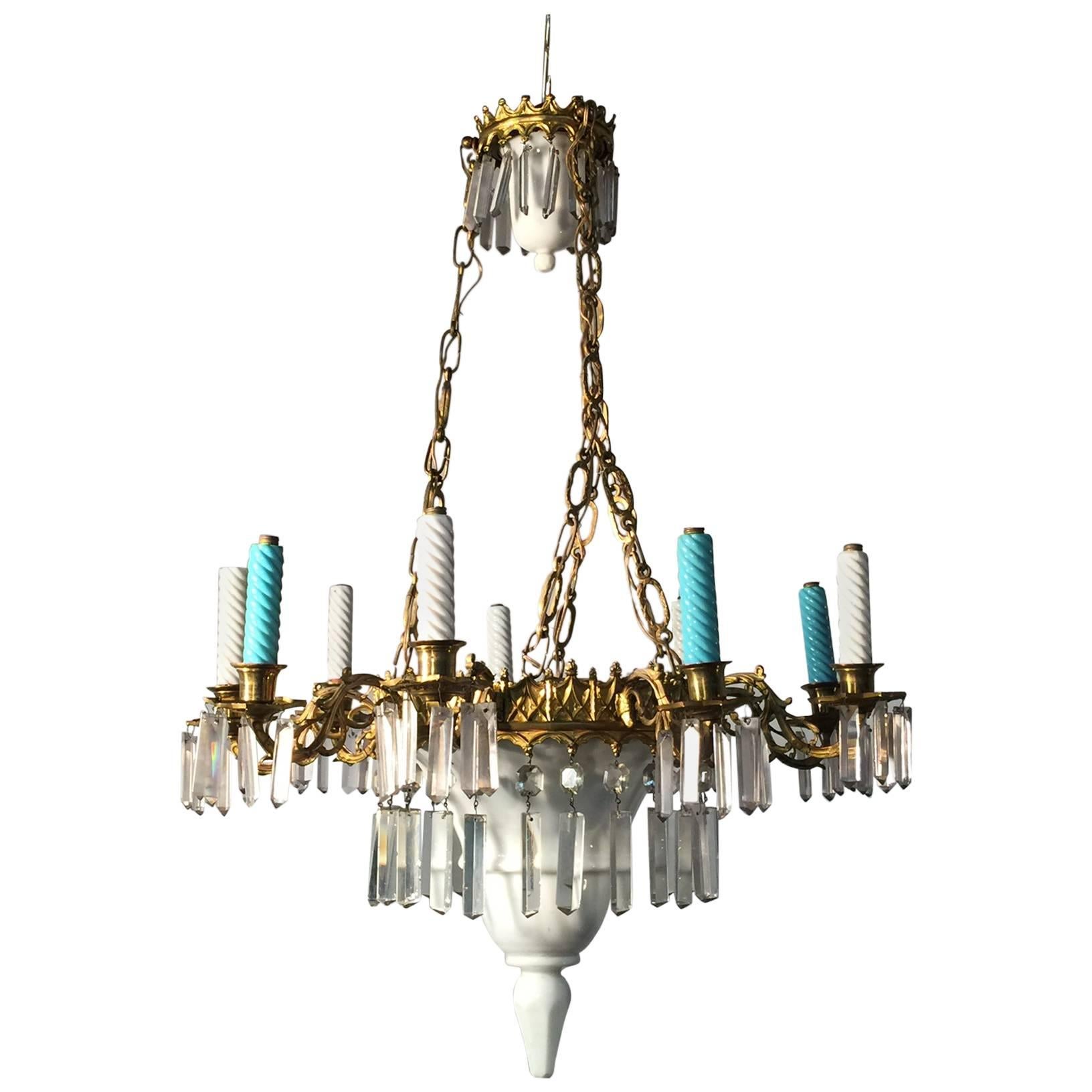 Ceramic, Glass and Brass Chandelier, circa 1900