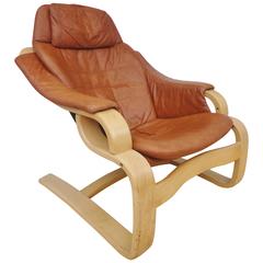 Mid-Century Retro Danish Skippers Mobler Tan Leather Beech Bentwood Lounge Chair