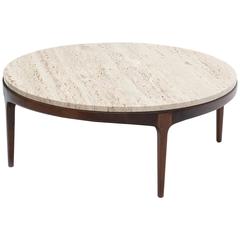 Danish Modern Round Low Travertine Coffee Table