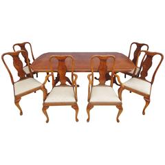 Antique Style Queen Anne Burr Walnut Dining Table and Six Matching Chairs