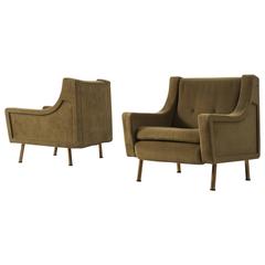 Set of Two Italian Lounge Chairs in Olive Green Upholstery 11