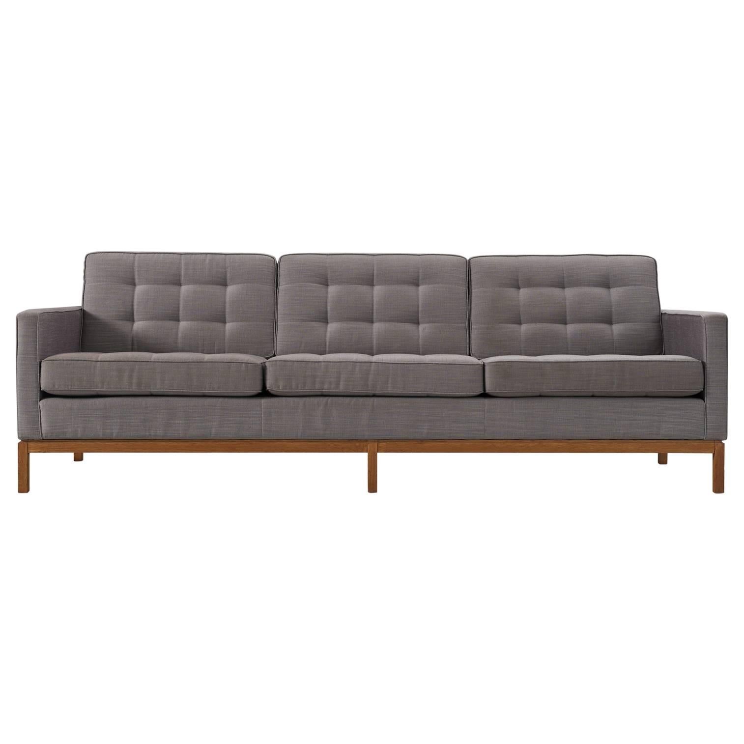 Florence Knoll Three-Seat Sofa with Wooden Base and Fabric Upholstery