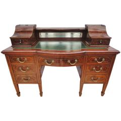Antique Edwardian Flamed Mahogany and Inlaid Office Desk with Nine Drawers